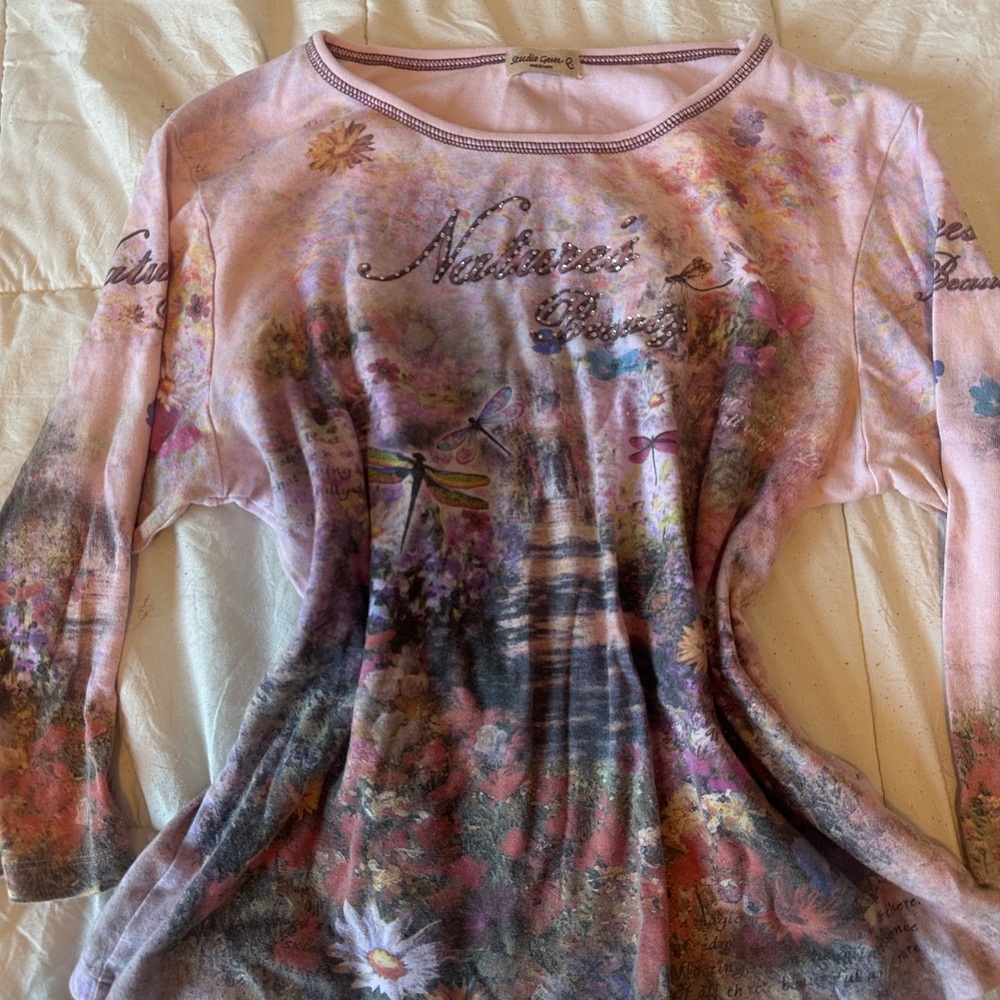 Light Pink Floral Long Sleeve Tee with Decorative Script